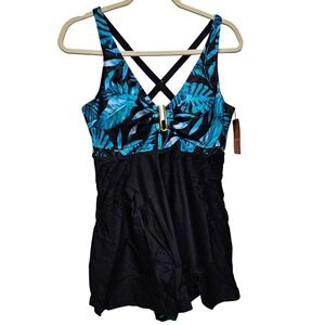Arolina Swim Dress Women Medium Black Blue Tropical Palm Leaf Tummy Control